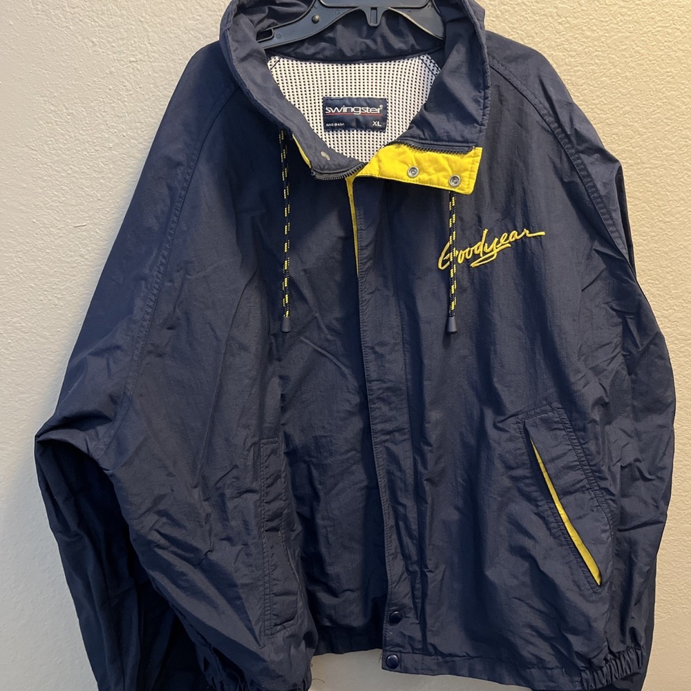 VINTAGE Goodyear Swingster Jacket Mens XL Blue Windbreaker Zip 90's USA